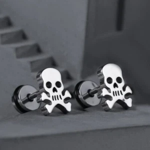 Silver Pirate Skull Crossbones Ear Stud Stainless Steel Earrings For Men Unisex - Picture 1 of 2