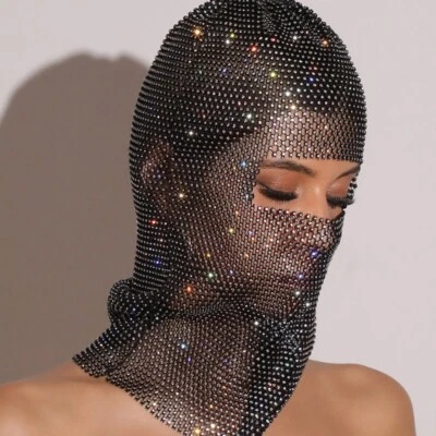 Women Rhinestone Face Mask Balaclava Crystal Glitter Headwear Party Mesh - Image 1 of 4