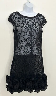 Jessica Simpson Floral Lace Dress S Sheer Party Ruffle Hem Black Holiday Evening - Image 1 of 4