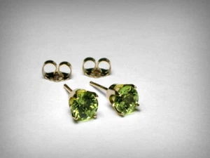 Genuine Peridot Stud Earrings. 5.0mm. Solid 14K Yellow Gold. August Birthstone. - Picture 1 of 4