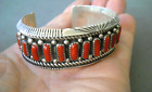 Southwestern Native American Multi-Color Coral Row Sterling Silver Bracelet 51g