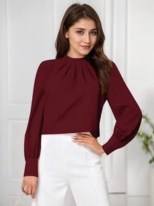 Womens Blouses Casual Pleated Mock Neck Long Sleeve Business Shirts Work Tops - Picture 1 of 14
