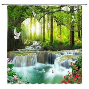 Waterfall Shower Curtain Nature Scenic Forest Tree Wild Animals Deer Birds Fl... - Picture 1 of 4