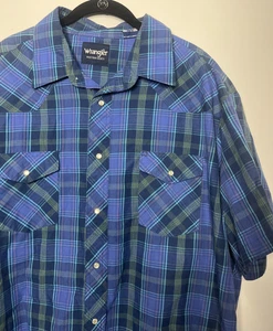 Wrangler Western Hemd Pearl Snap Kurzarm Herren 2XL Baumwolle-Poly blau Taschen - Bild 1 von 12