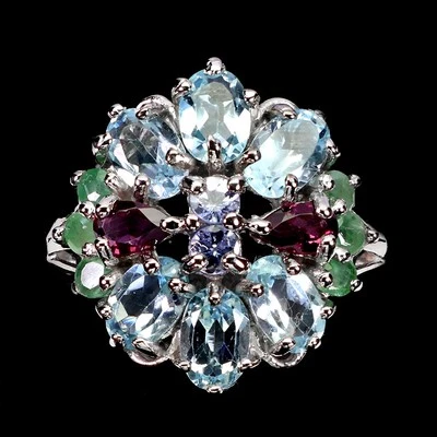 925 Anello Argento Sterling Ovale Topazio Blu 6x4mm Smeraldo Naturale Gemma Size - Immagine 1 di 4