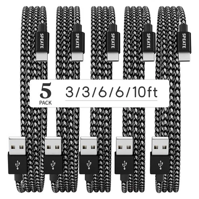USB C Cable, Premium Nylon Braided A to Type C Charger Cables Black Gray  - Image 1 of 4