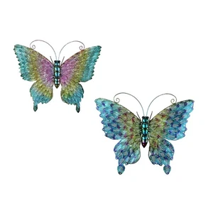Set of 2 Multicolor Metal Butterfly Wall Decor Outdoor Indoor Hanging Sculptures - Picture 1 of 4