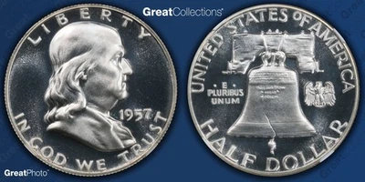 Moneda de medio dólar Franklin 1957 prueba NGC PF 68 CAMAFEO PR68CAM antigua 50C Foto 1 de 3