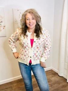 Neu mit Etikett Designer POL cremefarben Regenbogen Herz Strickjacke Pullover Knopfdetail S M L XL - Bild 1 von 9