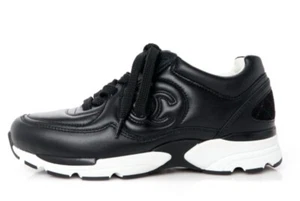 Chanel 23A Black Calfskin Leather CC Logo Flat Runner Trainer Sneaker 37.5 - Picture 1 of 11