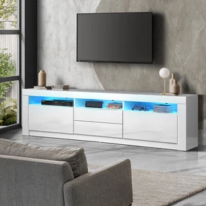 Oikiture TV Unit Entertainment Unit TV Cabinet Stand Gloss LED RGB White 180CM - Picture 1 of 9