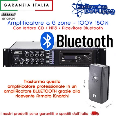 Amplificatore professionale 100V 180W A 6 ZONE CON LETTORE CD, MP3 E BLUETOOTH - Immagine 1 di 4