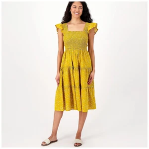Candace Cameron Bure Printed Smocked Midi Dress Gold Size Petite Medium *NEW* - Picture 1 of 3