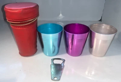 VTG Retro Hong Kong x 3 Anodised Aluminium Drinks Cups + bottle opener & case - Image 1 of 4