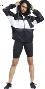 Reebok Core 10 Women Oversized Color Block Woven Hooded Jacket Black & White XS - Picture 1 of 5
