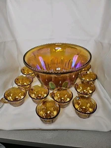 Indiana Glass Punch Bowl Set Carnival Iridescent Amber Gold Harvest Grape - Picture 1 of 1