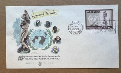 1959 Argentina FDC • U.N. Human Rights 10th Anniversary • Michelangelo “Slave” - Image 1 of 4