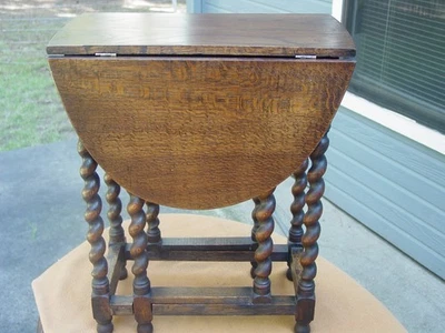 Tiny Solid English Oak Double Drop Leaf Gateleg Table W/Barley Twist Legs 0 S&H - Image 1 of 4