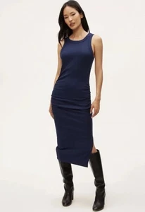 Michael Stars NWT Navy Wren Ribbed Midi Ruched Side Slit Tank Dress Women SZ S - Picture 1 of 6