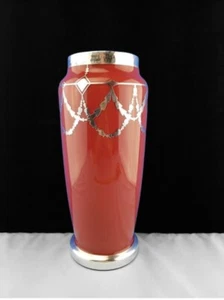 Jarrón de vidrio Art Deco con superposición de plata esterlina rojo tango checo Kralik Loetz - Imagen 1 de 13