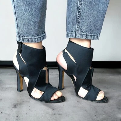 MANOLO BLAHNIK Black Satin Cutout Accents Slingback Heeled Sandals , Size 37 - Image 1 of 4