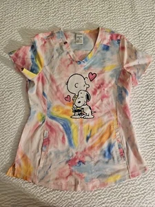 Peanuts Snoopy And Charlie Brown Tie Die Scrub Top Size Medium - Picture 1 of 3