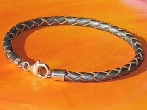 Mens/Ladies 4mm Silver braided leather & sterling silver bracelet - Lyme Bay Art - Picture 1 of 3