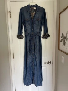 Chico's 1.5 Women's Size 10 Denim Maxi Dress with Leopard Print Accent - Picture 1 of 14