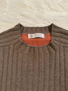 Brunello Cucinelli 100% Cashmere Ribbed Knit Sweater Pullover Brown 56 - Picture 1 of 5