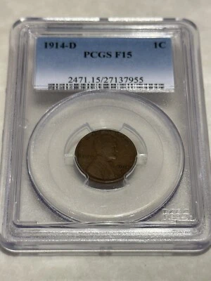 1914-D PCGS F15 1C Lincoln Cent Wheat Ears Penny nice coin for the grade #7955 - Image 1 of 4