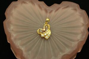18K YELLOW WHITE & ROSE GOLD FANCY RIBBONED HEART PENDANT CHARM W/ CZ ACCENTS
