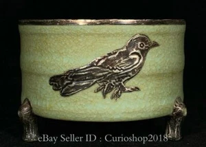 6.8" Old Chinese Song Dynasty Ru Kiln Porcelain Inlaid Silver Pot Jar Crock - Picture 1 of 9
