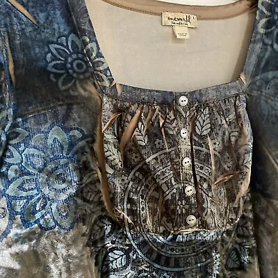 One World Tunic Top Women's L Blue Velvet Boho Festival Square Neck Long Sleeve - Image 1 of 4
