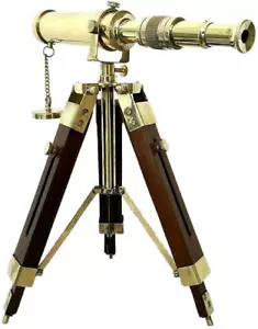 Handmade Brass Telescope 12" Polished with Wooden Tripod Stand Golden - Picture 1 of 3