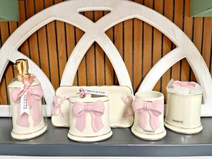 Pirouette 3D PINK BOW Gold Bathroom Vanity Set 5 Pc SET Soap Brush Tray Cup NEW - Picture 1 of 11