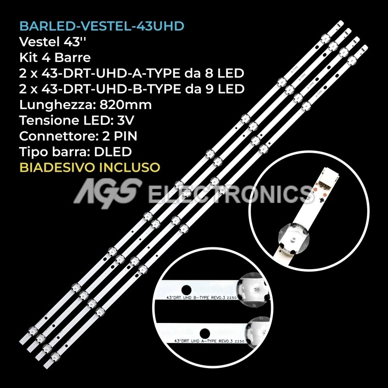 KIT 4 BARRE STRIP LED TV VESTEL 43-DRT-UHD-A/B VES430QNDL2D TOSHIBA 43LV3A63DB - Imagen 1 de 1