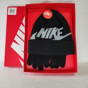 Nike - Kid's Knit 2-Piece Beanie & Gloves Set - Black/Silver - Youth Size 4-7 - Picture 1 of 5
