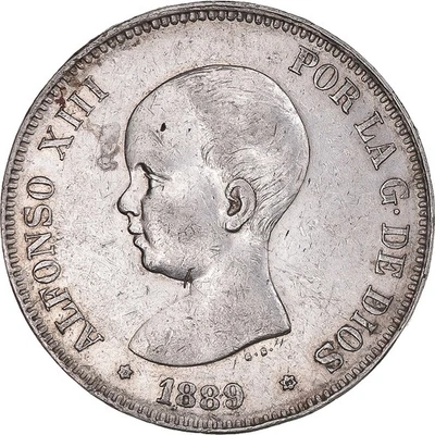 [#1044525] Coin, Spain, Alfonso XIII, 5 Pesetas, 1889, Madrid, AU(50-53), Silver - Image 1 of 2