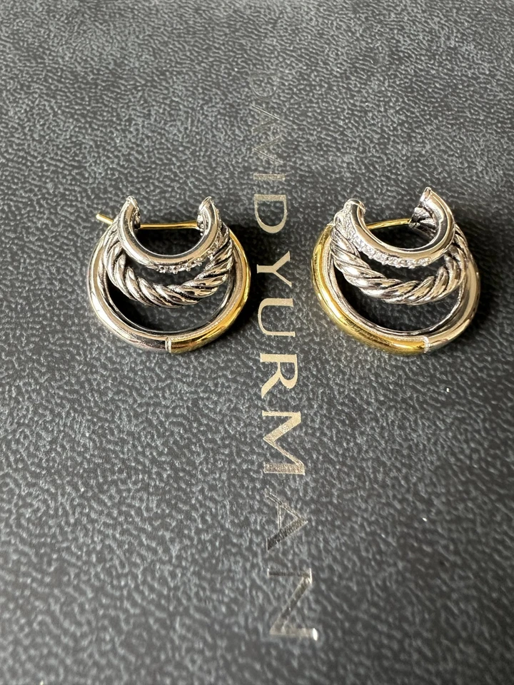 David Yurman Crossover  925/18KTwo-Tone pave diamond Hoop Earrings - Image 1 of 4