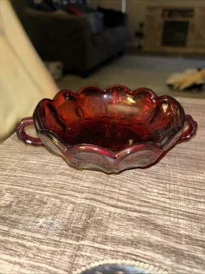 Vintage Royal Ruby Red Anchor Hocking Double Handled Scalloped Edge Round Dish - Image 1 of 4