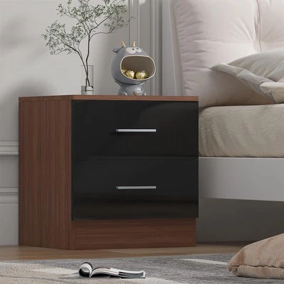 2 Drawer Bedside - Black Gloss Fronts & Matt Walnut Carcass REFLECT - Image 1 of 4