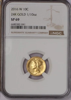 2016-W 24k Gold Mercury 1/10 oz. 10 Cents NGC SP69. Free shipping. - Image 1 of 4