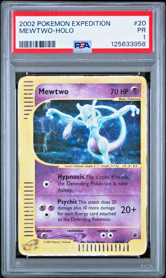 SWIRL PSA 1 2002 Expedition Mewtwo Holo Foil 20/165 WOTC E-Reader Series Pokemon - Image 1 of 3