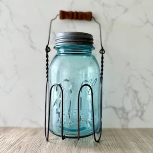 Vintage Ball Mason Jar # 2 Blue Glass W/ Lid & Wire Carrier - Picture 1 of 5