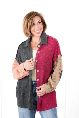 POL 开放式针织开衫毛衣 S 码肘贴金属纽扣超大尺寸 — 第 1/4 张图片