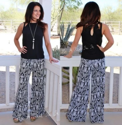 EE. UU. Nuevo Mujer JUP CINTURA ALTA NEGRO BLANCO VERSAILLES PAISLEY DAMASCO PALAZZO S Foto 1 de 4