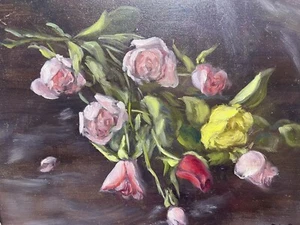 Vintage Oil On Canvas Painting Bouquet of Roses Still Life Fine Art By Priest - Picture 1 of 12