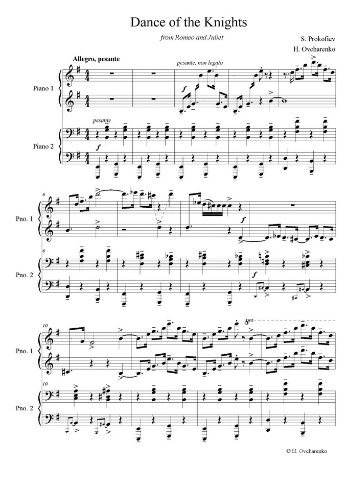 Easy to moderate level Prokofiev Dance of the Knights piano duet PDF - Image 1 of 1
