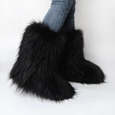 Faux Fur Boots for Women Fuzzy Fluffy Furry Round Toe Winter Snow Boots Size 8 - Image 1 of 4