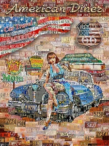 Placa de matrícula arte collage póster impresión Old America Diner azul viaje coche retro - Imagen 1 de 4